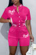 Rose Red Casual Letter Print Patchwork Short Sleeve Two Pieces