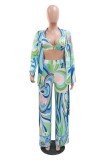 Rose Red Casual Print Cardigan Vests Pants Turndown Collar Long Sleeve Three Piece Set