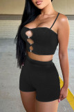 Black Sexy Solid Hollowed Out Patchwork Rhinestone Spaghetti Strap Sleeveless Two Pieces