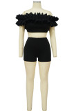 Pink Sexy Solid Patchwork Fold Off the Shoulder Short Sleeve Two Pieces