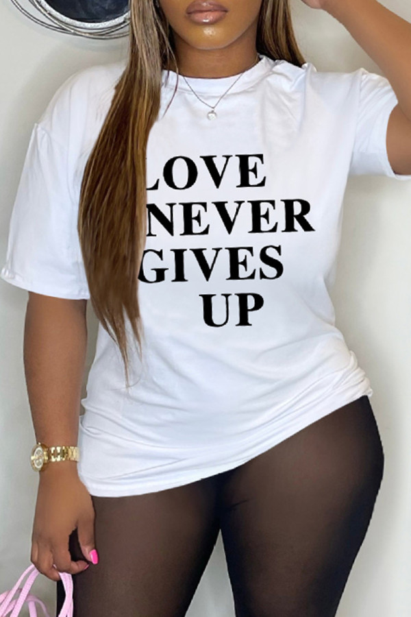 White Casual Letter Print Basic O Neck T-Shirts