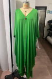 Green Casual Solid Patchwork Slit V Neck Three Quarter Two Pieces