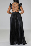 Pink Sexy Solid Patchwork Backless Fold V Neck Straight Dresses