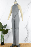 Grey Sexy Solid Patchwork Asymmetrical Turtleneck Sleeveless Two Pieces