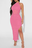 Pink Sexy Solid Patchwork Slit Fold Halter Pencil Skirt Dresses
