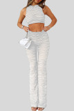 White Casual Solid Patchwork See-through O Neck Sleeveless Two Pieces