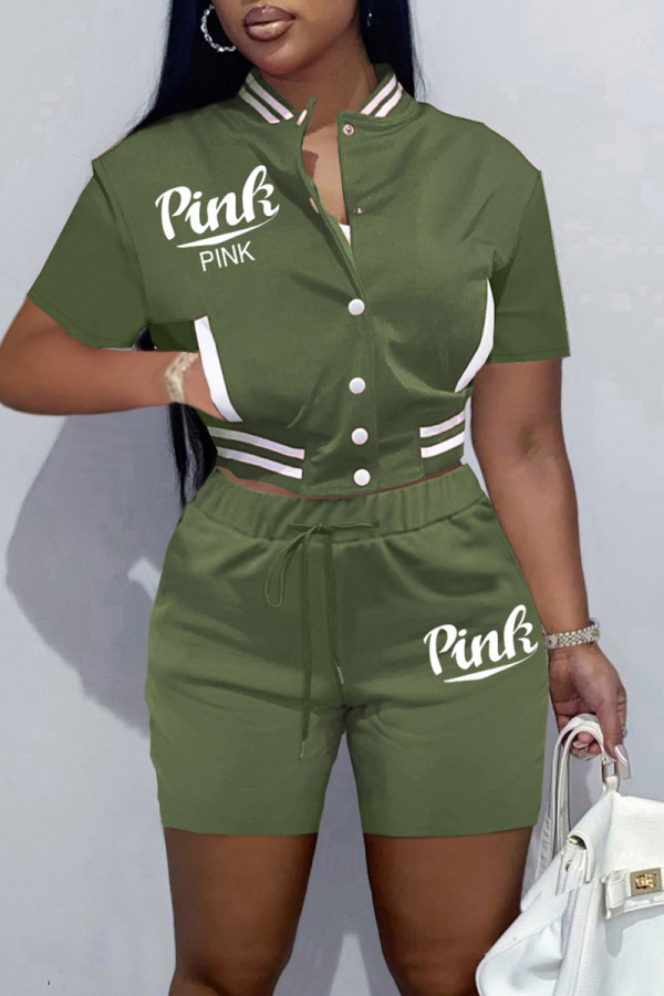 Army Green Casual Letter Print Patchwork Short Sleeve Two Pieces