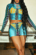 Blue Sexy Print Patchwork Zipper Collar Long Sleeve Two Pieces