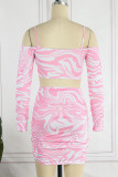 Pink Sexy Print Backless Off the Shoulder Long Sleeve Two Pieces