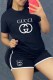 Black Casual Print Letter O Neck Short Sleeve Two Pieces