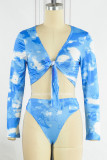 Sky Blue Sexy Print Tie Dye Bandage Swimwears