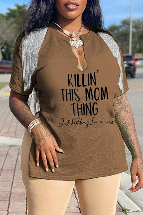 Coffee Casual Print Tassel Patchwork V Neck T-Shirts
