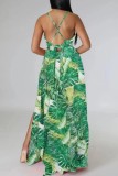 Green Sexy Casual Print Backless Slit Spaghetti Strap Long Dress Dresses