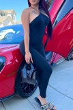 Black Sexy Solid Backless Halter Skinny Jumpsuits
