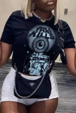 Black Casual Print Letter O Neck T-Shirts