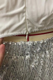 White Elegant Solid Sequins Patchwork V Neck Long Sleeve Two Pieces(Without Belt)