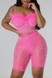 Pink Sexy Patchwork Hot Drilling Backless Spaghetti Strap Sleeveless Two Pieces