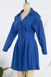 Blue Casual Solid Patchwork Buckle Turndown Collar A Line Dresses
