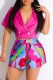 Rose Red Casual Print Patchwork Turndown Collar Short Sleeve Two Pieces