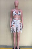 Pink Sexy Butterfly Print Bandage Backless Swimsuit Three Piece Set
