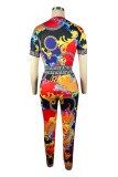 Multicolor Casual Print Patchwork O Neck Short Sleeve Two Pieces