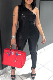 Black Sexy Solid Patchwork Oblique Collar Sleeveless Two Pieces