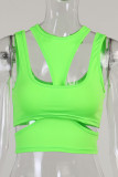 Fluorescent Green Casual Sportswear Solid Patchwork Asymmetrical O Neck Tops