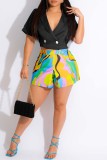 Red Casual Print Patchwork Turndown Collar Short Sleeve Two Pieces