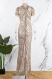 Champagne Sexy Patchwork Sequins Slit Turndown Collar Short Sleeve Dress Dresses