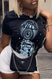 Black Casual Print Letter O Neck T-Shirts