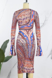 Colour Sexy Print Hollowed Out O Neck Long Sleeve Dresses