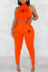 Tangerine Red Casual Print Letter O Neck Sleeveless Two Pieces