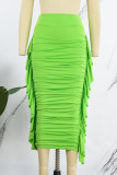 Green Casual Solid Patchwork Fold Skinny High Waist Conventional Solid Color Skirts
