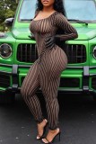 Black Sexy Striped See-through U Neck Skinny Jumpsuits