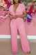 Pink Casual Solid Patchwork Draw String V Neck Straight Jumpsuits