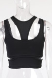 Black Casual Sportswear Solid Patchwork Asymmetrical O Neck Tops