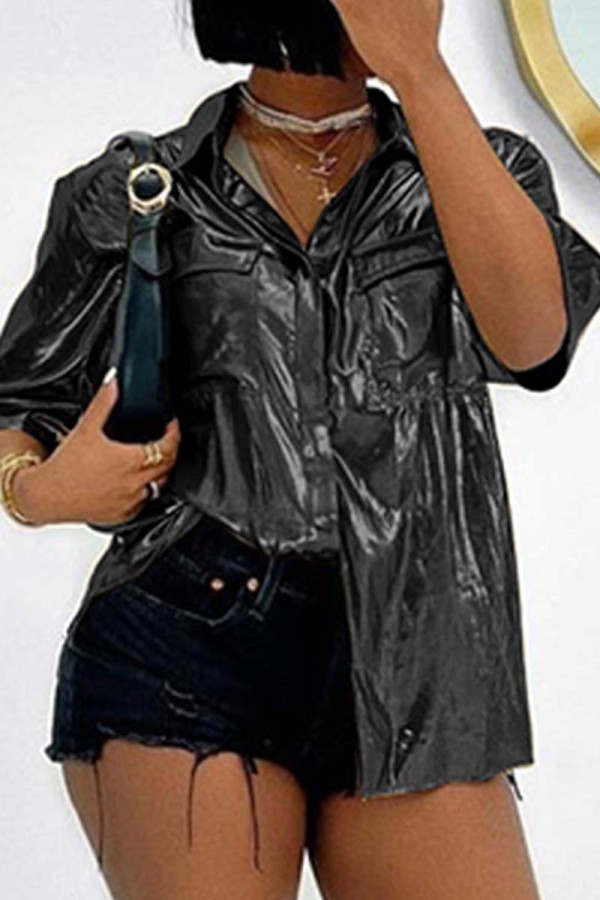 Black Casual Solid Patchwork Shirt Collar Tops