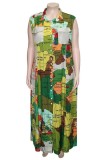 Green Casual Print Patchwork Shirt Collar Long Dress Dresses