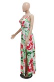 Green Sexy Casual Print Patchwork Slit V Neck Skinny Rompers