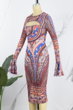 Colour Sexy Print Hollowed Out O Neck Long Sleeve Dresses