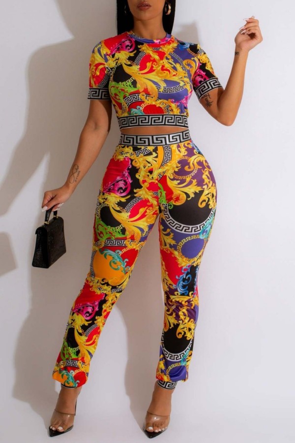 Multicolor Casual Print Patchwork O Neck Short Sleeve Two Pieces