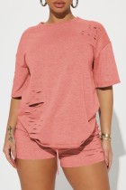 Pink Casual Solid Ripped Short Sleeve Two Pieces