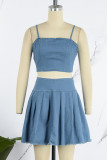 Blue Sexy Casual Solid Backless Spaghetti Strap Sleeveless Two Pieces