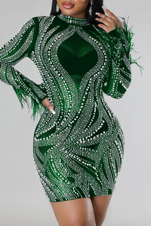 Green Sexy Patchwork Hot Drilling See-through Half A Turtleneck Long Sleeve Dresses