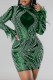 Green Sexy Patchwork Hot Drilling See-through Half A Turtleneck Long Sleeve Dresses