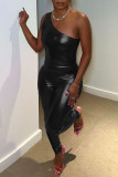 Black Sexy Solid Patchwork Oblique Collar Sleeveless Two Pieces