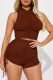 Coffee Casual Solid Fold Half A Turtleneck Sleeveless Two Pieces