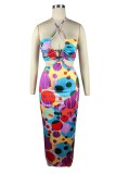 Multicolor Sexy Print Bandage Backless Halter One Step Skirt Dresses