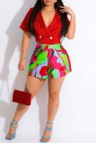 Red Casual Print Patchwork Turndown Collar Short Sleeve Two Pieces