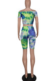 Royal Blue Casual Print Tie Dye Patchwork Draw String Off the Shoulder Short Sleeve Two Pieces